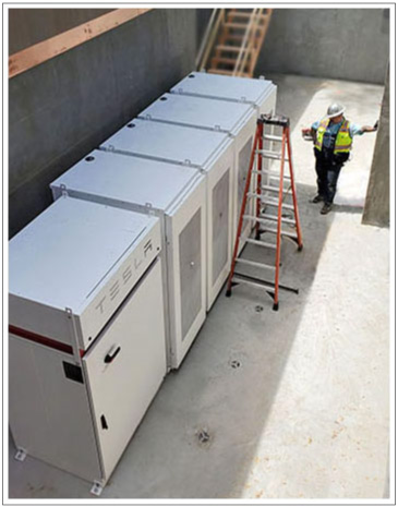 wide view of Tesla solar storage battery for businesses
